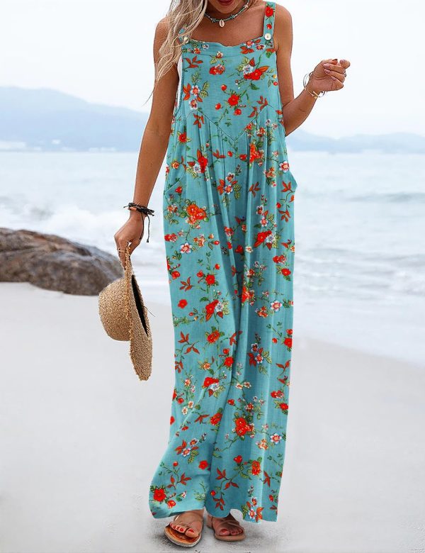 Women's Summer Casual Overalls Loose Wide Leg Jumpsuits Boho Floral Printed Baggy Rompers with Pockets PZH