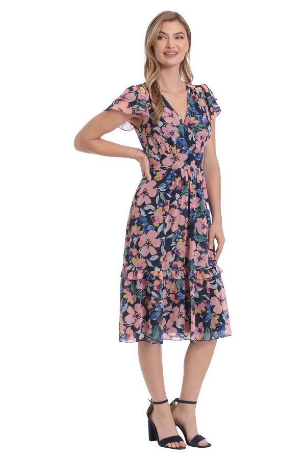 Women's Double Flutter Sleeve Surplice Tiered Midi
