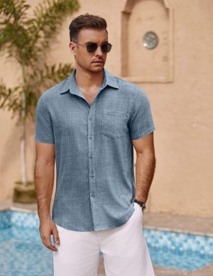 Men's Short Sleeve Button Down Shirt Casual Summer Beach Untucked Vacation Textured Shirts with Pocket