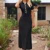 Women's V Neck Ribbed Knit Maxi Dress Button Short Sleeve Slim Fit Bodycon Sweater Dress