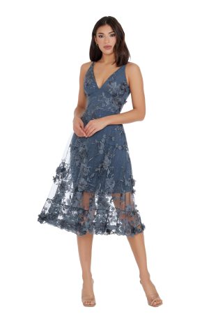Women's Audrey Spaghetti Strap Midi A-line 3D Floral Dress