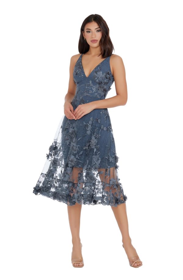 Women's Audrey Spaghetti Strap Midi A-line 3D Floral Dress