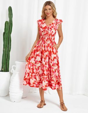 Women's Summer Dress Casual Boho Beach V Neck Smocked Waist Front Ruffle Floral Maxi Dresses with Pockets