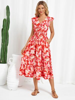 Women's Summer Dress Casual Boho Beach V Neck Smocked Waist Front Ruffle Floral Maxi Dresses with Pockets