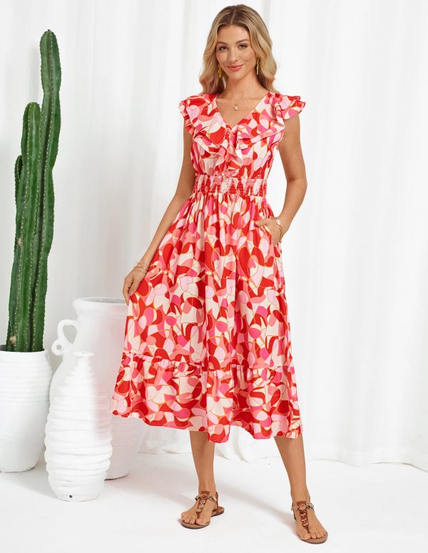Women's Summer Dress Casual Boho Beach V Neck Smocked Waist Front Ruffle Floral Maxi Dresses with Pockets