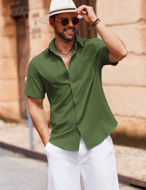 Men's Button Down Short Sleeve Shirt Casual Cotton Summer Beach Linen Wedding Shirts with Pocket