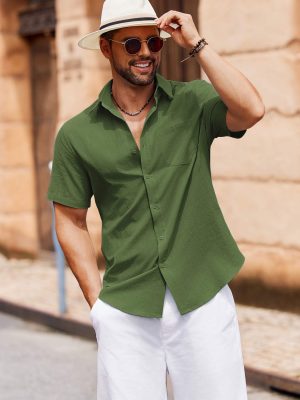 Men's Button Down Short Sleeve Shirt Casual Cotton Summer Beach Linen Wedding Shirts with Pocket