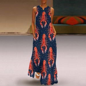 Red Lobster Printed Womens Sleeveless Maxi Dress Casual Sundress Beach Dress