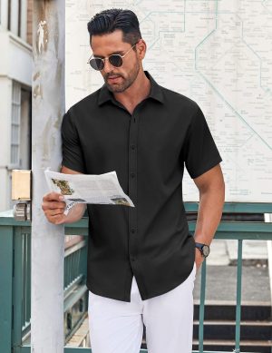 Men's Casual Button Down Shirt Short Sleeve Wrinkle Free Dress Shirt Beach Summer Wedding Shirt