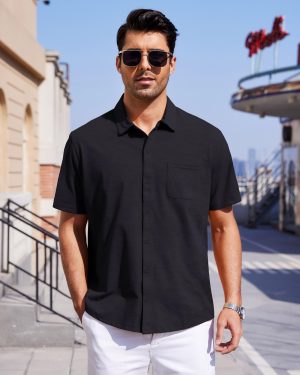 Mens Short Sleeve Dress Shirts Business Casual Button Down Shirt Summer Beach Wedding Untucked Shirts with Pocket