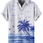 Couple Matching Hawaiian Outfits Coconut Tree Seagull Print Cami Dress or Men's Short Sleeve Button Up Shirt