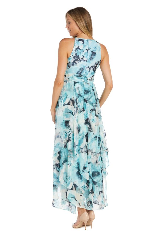 Long Printed Chiffon Halter Dress W/Hankie Hemline