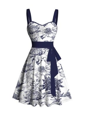 Matchable Couples' Hawaiian Outfit Porcelain Style Floral Print Men's Shirt Or Women's Belted Mini Dress