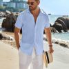Mens Button Down Short Sleeve Shirt Casual Beach Shirt Summer Vacation Textured Shirts