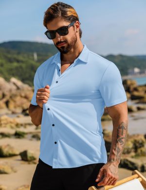 Men's Muscle Dress Shirts Short Sleeve Stretch Casual Button Down Shirts Wrinkle Free Slim Fit Dress Shirt for Men