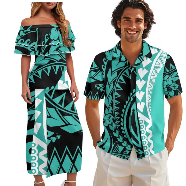 Polynesian Couples Matching Outfits Short Sleeve Puletsai Samoan Traditional Dress & Man Shirts