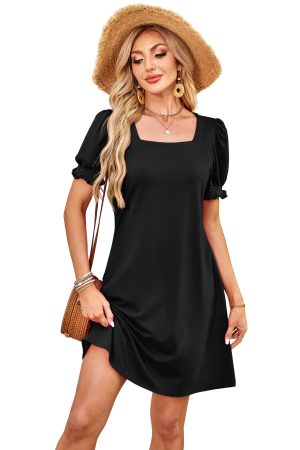 Summer Dresses for Women 2025 Casual Cute Square Neck Puff Short Sleeve Dress with Pockets