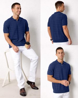 Mens Zipper Polo 3D Texture Shirts 2025 Spring Summer Fashion Knit Golf Tops Short Sleeve Dress Clothes