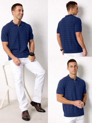 Mens Zipper Polo 3D Texture Shirts 2025 Spring Summer Fashion Knit Golf Tops Short Sleeve Dress Clothes