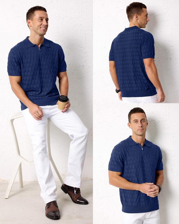 Mens Zipper Polo 3D Texture Shirts 2025 Spring Summer Fashion Knit Golf Tops Short Sleeve Dress Clothes