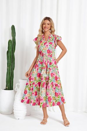 Womens Summer Floral Midi Dresses Short Sleeve Beach Wedding Guest Dress Drawstring Long Flowy Dress with Pockets