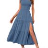 Women's Summer One Shoulder Sleeveless Knot Smocked Midi Dress Split Tiered Flowy Dresses