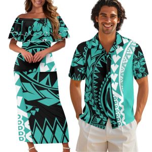 Polynesian Couples Matching Outfits Short Sleeve Puletsai Samoan Traditional Dress & Man Shirts