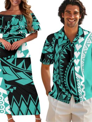Polynesian Couples Matching Outfits Short Sleeve Puletsai Samoan Traditional Dress & Man Shirts
