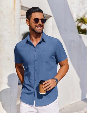 Men's Short Sleeve Button Down Shirt Casual Untucked Dress Shirt Stretch Denim Shirt