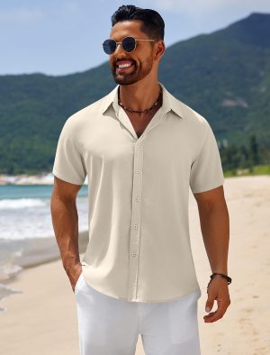 Mens Casual Beach Shirts Short Sleeve Button Down Shirts Summer Vacation Untucked Dress Shirts