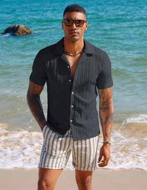 Men's Casual Button Down Shirts - Short Sleeve Summer Textured Beach Wrinkle-Free Shirts