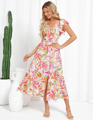 Women Summer Floral Dress Flutter Short Sleeve Casual Split Flowy Vacation Beach Midi Long Dresses