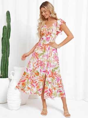 Women Summer Floral Dress Flutter Short Sleeve Casual Split Flowy Vacation Beach Midi Long Dresses