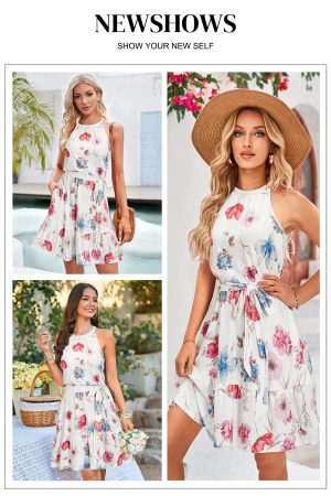 Womens 2025 Summer Dress Halter Wedding Guest Casual Beach Vacation Outfits Belted Sundresses with Pockets