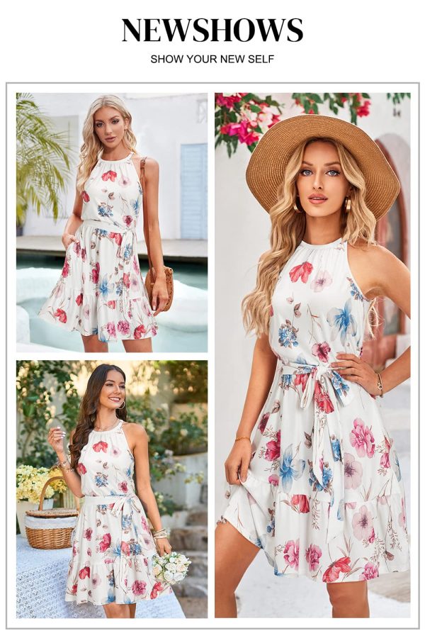 Womens 2025 Summer Dress Halter Wedding Guest Casual Beach Vacation Outfits Belted Sundresses with Pockets
