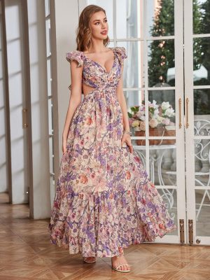 Women's Summer Floral Print Straps Sleeveless V Neck Criss Cross Backless Chiffon Beach Boho Party Long Maxi Dress