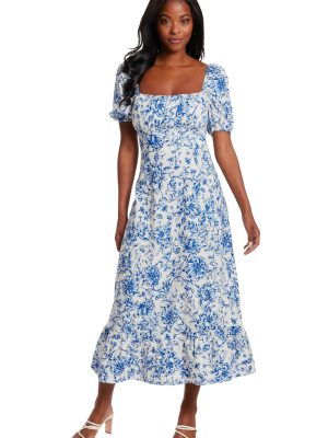Women's Square Neck Smocked Back Linen Blend Flattering Versatile Spring Summer Garden Party Dress