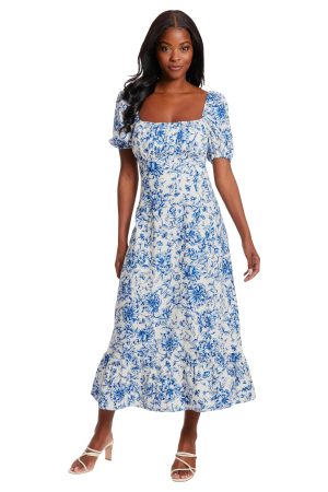 Women's Square Neck Smocked Back Linen Blend Flattering Versatile Spring Summer Garden Party Dress