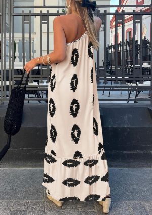 Women's Summer One Shoulder Maxi Dresses Printed Flowy Boho Beach Vacation Long Sundress