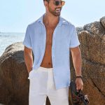 Mens Button Down Short Sleeve Shirt Casual Beach Shirt Summer Vacation Textured Shirts