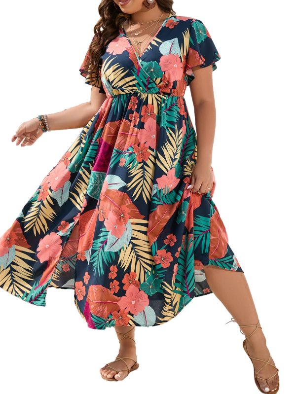 Women's Plus Size Boho Floral V Neck Short Sleeve A Line Long Dress