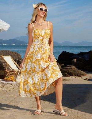 Women's Summer Floral Dress 2025 Spaghetti Strap Smocked Tiered Casual Boho Maxi Long Sundress with Pockets
