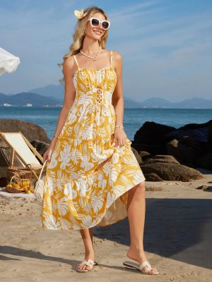Women's Summer Floral Dress 2025 Spaghetti Strap Smocked Tiered Casual Boho Maxi Long Sundress with Pockets