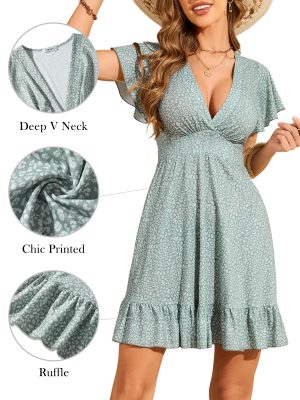 Womens Summer Dresses 2025 Floral Cap Sleeve Wrap V Neck Ruffle A-Line Sun Dress