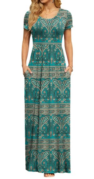 Womens 2025 Summer Maxi Dresses Casual Short Sleeve Empire Waist Spring Long Dress with Pockets