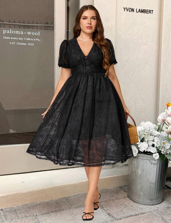 Plus Size Summer Dresses for Women 2025 V Neck Lace Midi Dress Semi Formal Short Sleeve Wedding Guest Cocktail Prom