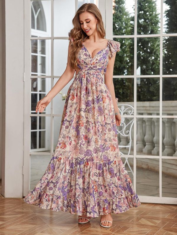 Women's Summer Floral Print Straps Sleeveless V Neck Criss Cross Backless Chiffon Beach Boho Party Long Maxi Dress