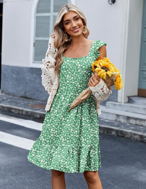 Womens Summer Dress Casual Ruffle Tiered Floral Square Neck Sundresses Beach Boho Mini A-line Dress 2025 with Pockets