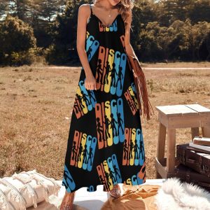 Vintage 1970's Disco Maxi Dress for Women Summer Casual Sleeveless V Neck Spaghetti Dresses