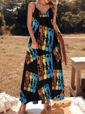Vintage 1970's Disco Maxi Dress for Women Summer Casual Sleeveless V Neck Spaghetti Dresses
